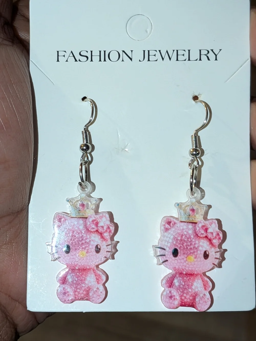 Hand Crafted Pink Kitty Crown Dangle Earrings - Picture 7 of 7